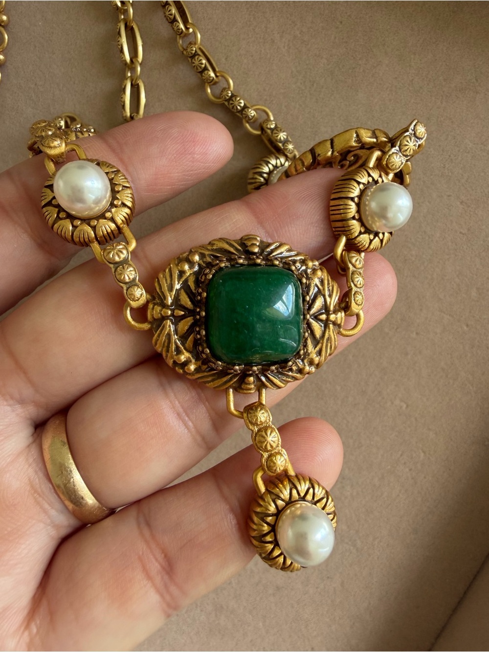 Gold-Tone Necklace with Green Stone and Pearl Accents